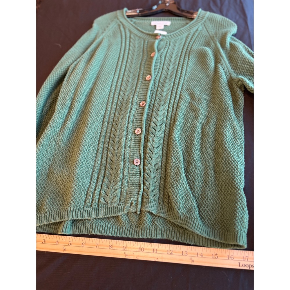 Coldwater Creek Green Cotton Pointelle Cable Knit Button Cardigan Sweater L